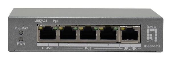 LevelOne GEP-0531 netværksswitch Ikke administreret L2 Gigabit Ethernet (10/100/1000) Strøm over Ethernet (PoE) Bord-/vægmontering Grå LevelOne GEP-0531 netværksswitch Ikke administreret L2 Gigabit Ethernet (10/100/1000) Strøm over Ethernet (PoE) Bord-/vægmontering Grå