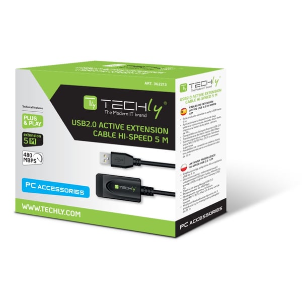 Techly IUSB-REP20TY USB-kabel USB 2.0 5 m USB A 0,48 Gbit/sek. Sort