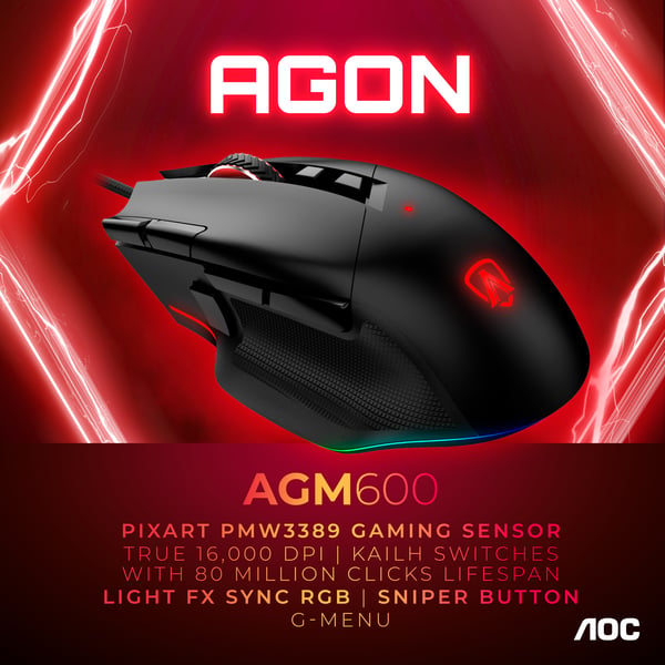 AOC AGON AGM600 datormöss Spela Högerhand USB Type-A Optisk 16000 DPI