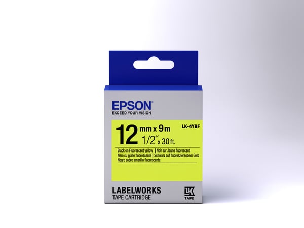 Epson etikettkassett fluorescerande – LK-4YBF fluor svart/gul 12/9