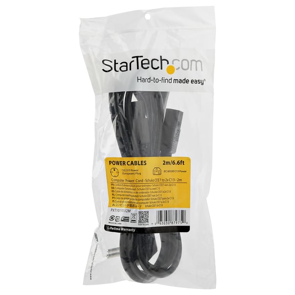 StarTech.com 2 m Computer Y Strømkabel, 18AWG, EU Schuko til 2x C13, 10A 250V, Erstatnings AC Strømkabel