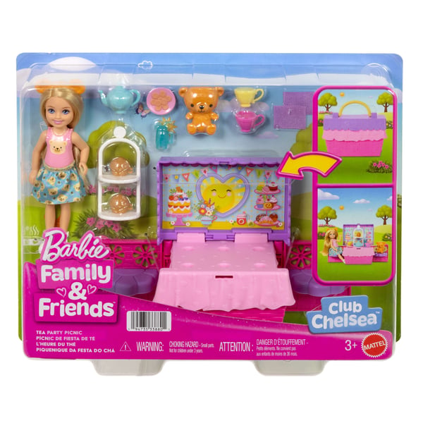 Barbie Chelsea Family & Friends Club -legesæt med pop op-teselskab, lille dukke og 10+ stk. tilbehør