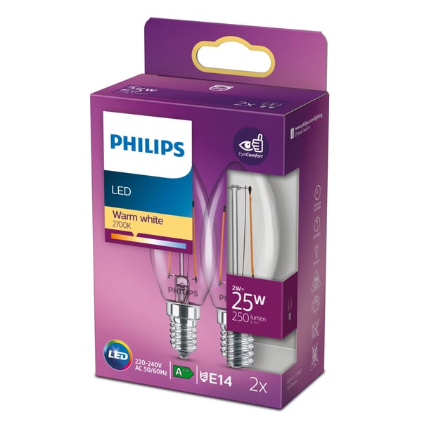 Philips Filamentkronljuskälla klar 25 W B35 E14 x2