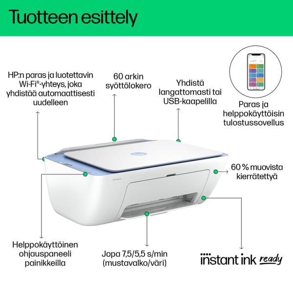 HP DeskJet 2822e Langaton All-in-One Väri Tulostin, Instant Ink; Kopiokone, skanneri