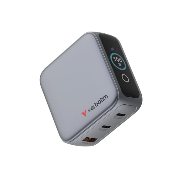 Verbatim Mini GaN Oplader 3 Port 100W m/ Display EU/UK/US - Oplader