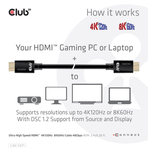 CLUB3D Ultra High Speed HDMI 4K120Hz, 8K60Hz Certified Cable 48Gbps M/M 1 m/3.28 ft