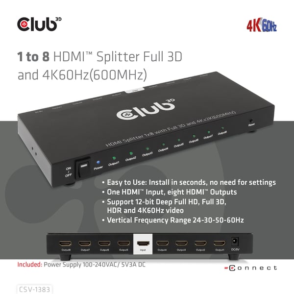 CLUB3D CSV-1383 video-splitter HDMI 8x HDMI