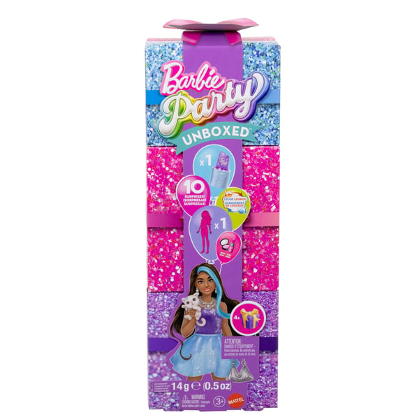 Barbie Purple Sparkle-dukke i Party Unboxed Glam Party-serien med tilbehør og 10 overraskelser