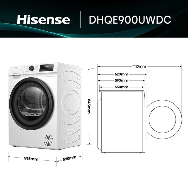 Hisense DHQE900UWDC tørretumbler Fritstående Front-læsning 9 kg Hvid