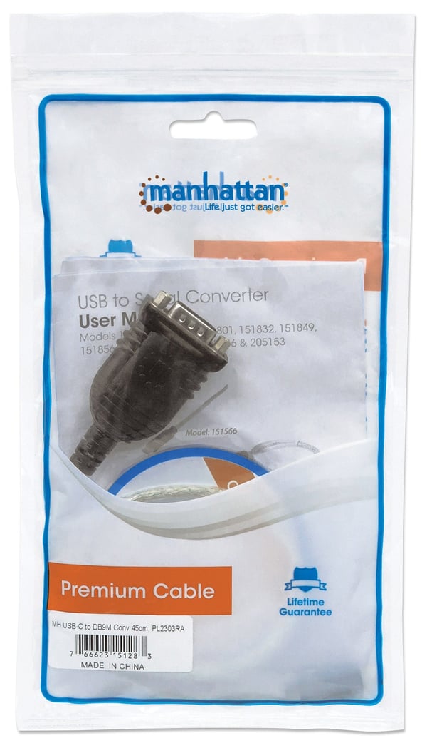 Manhattan 151283 sarjakaapeli Musta, Hopea 0,45 m USB-C Serial/COM/RS232/DB9