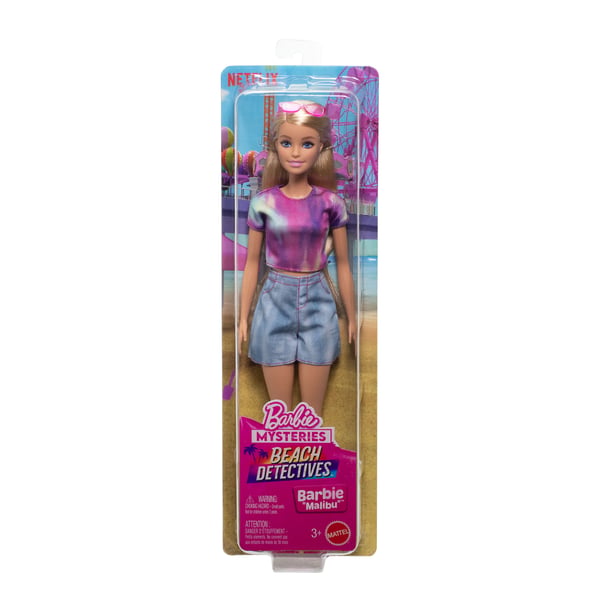 Barbie Mysteries: Beach Detectives “Malibu” -nukke tutussa asussaan sekä tarvikkeita