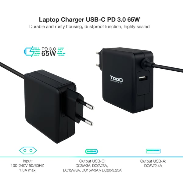 TooQ TQLC-USBC65PD virta-adapteri ja vaihtosuuntaaja Sisätila 65 W Musta