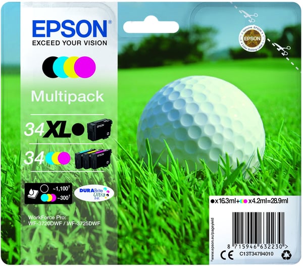 Epson Golf ball Multipack 4-colours 34 XL Black/Std. CMY DURABrite Ultra Ink