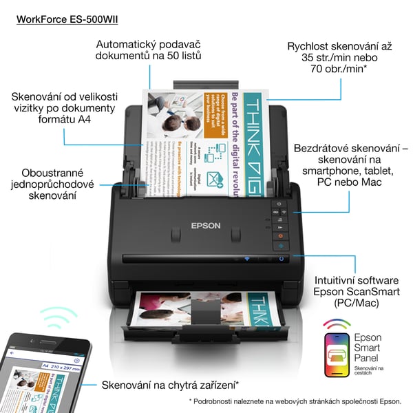 Epson WorkForce ES-500WII Skanner med papir-tilførsel 600 x 600 dpi A4 Sort