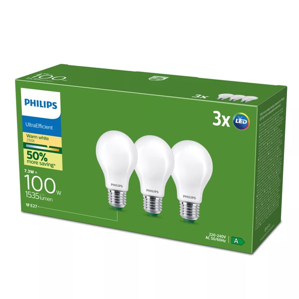 Philips Filament pære, matteret 100 W A60 E27 x 3