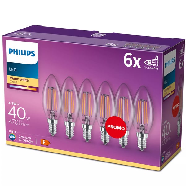 Philips Filamentkronljuskälla klar 40 W B35 E14 x6