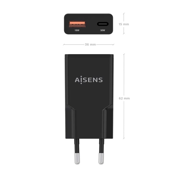 AISENS ASCH-30W2P047-BK oplader til mobil enhed Digitalt kamera, MP3, MP4, Mobiltelefon, Navigator, Laptop, Bærbar spillekonsol, Smartphone, Tablet, Universel Sort Vekselstrøm Hurtig opladning Indendørs