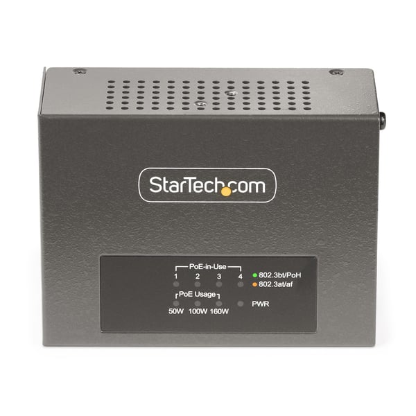 StarTech.com Multi-Gigabit PoE++-injektor med 4 portar, 5/2,5/1G Ethernet (NBASE-T), PoE/PoE+/PoE++ (802.3af/802.3at/802.3bt), 160 Watts effektbudget, monterbar på vägg/DIN-skena, ej hanterad