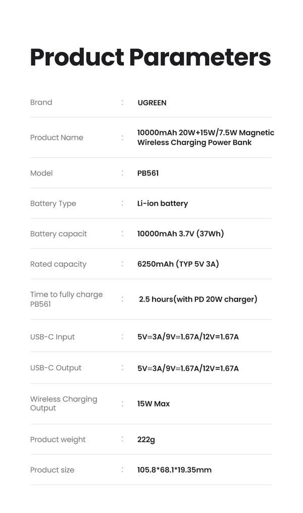 Ugreen 25208 basstationer 10000 mAh Trådlös laddning Beige