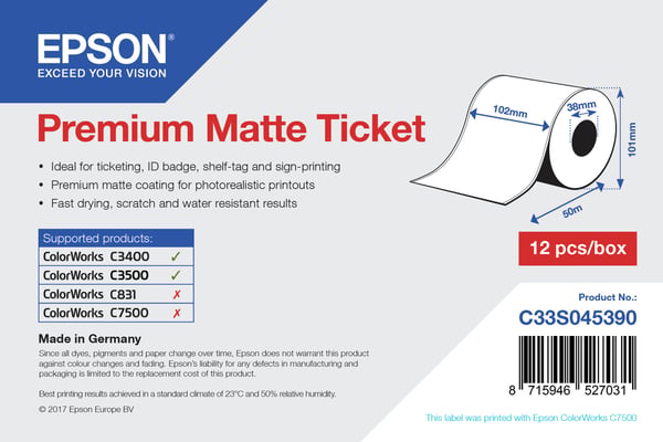 Epson Premium Matte Ticket -rulla, 102 mm x 50 m