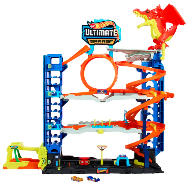 Hot Wheels City Ultimat garage-lekset med 2 formgjutna bilar, leksaksförvaring för mer än 50 bilar