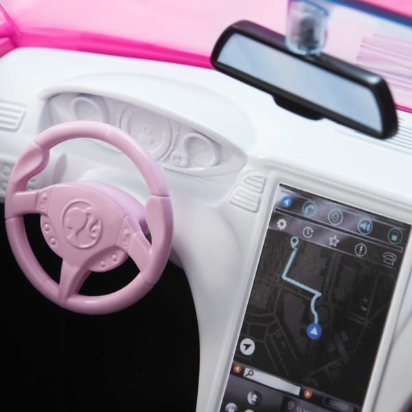Barbie Kaksipaikkainen vaaleanpunainen -avoauto, jossa on pyörivät pyörät, 3–7-vuotiaille