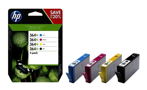 HP Originale 364XL-blækpatroner med høj kapacitet, sort/cyan/magenta/gul, 4-pak