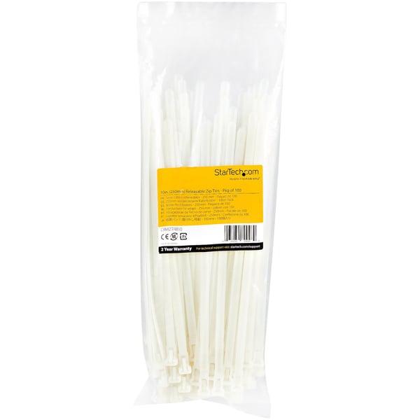 StarTech.com 25cm återanvändbara kabelkopplingar - 7mm bred, 65mm buntdiameter 22kg draghållfasthet, lösbara nylonbindningar, inomhus/utomhus, 94 V-2/UL listad, 100-pack - vitt