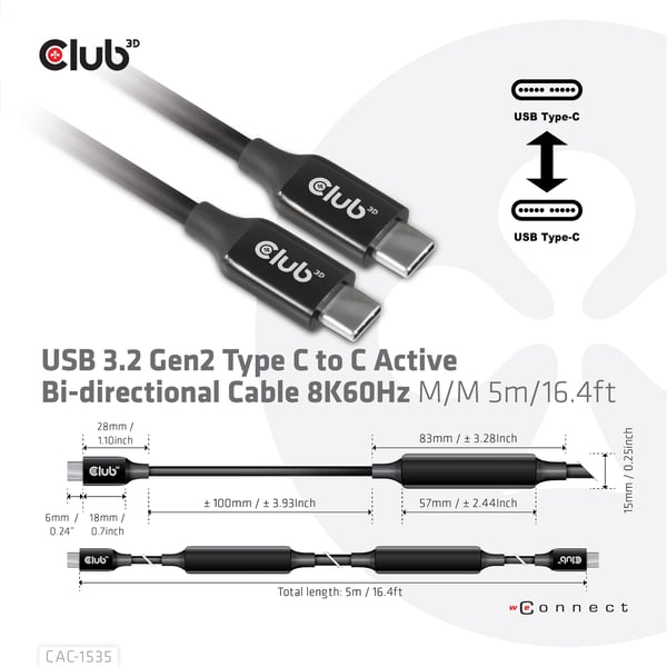 CLUB3D CAC-1535 USB-kabel USB 3.2 Gen 2 (3.1 Gen 2) 5 m USB C 10 Gbit/sek. 60 W Sort