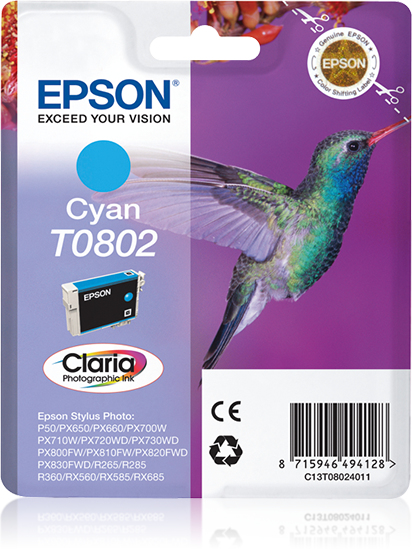Epson Hummingbird Yksittäispakkaus, syaani T0802 Claria Photographic -muste