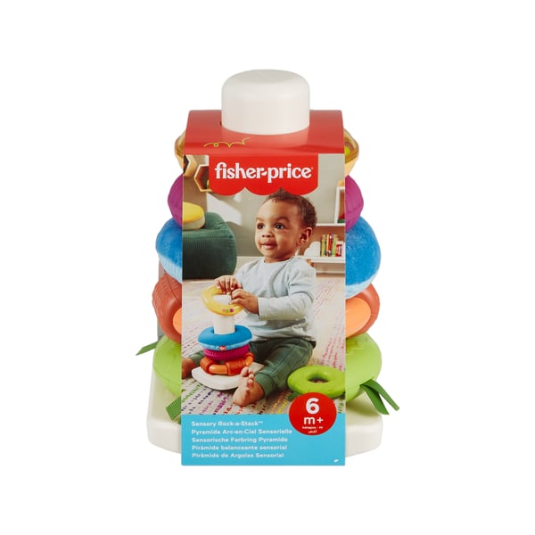 Fisher-Price Sanseligt Rock-A-Stack-stablelegetøj med vippefod og aktiviteter, der stimulerer finmotorikken hos børn