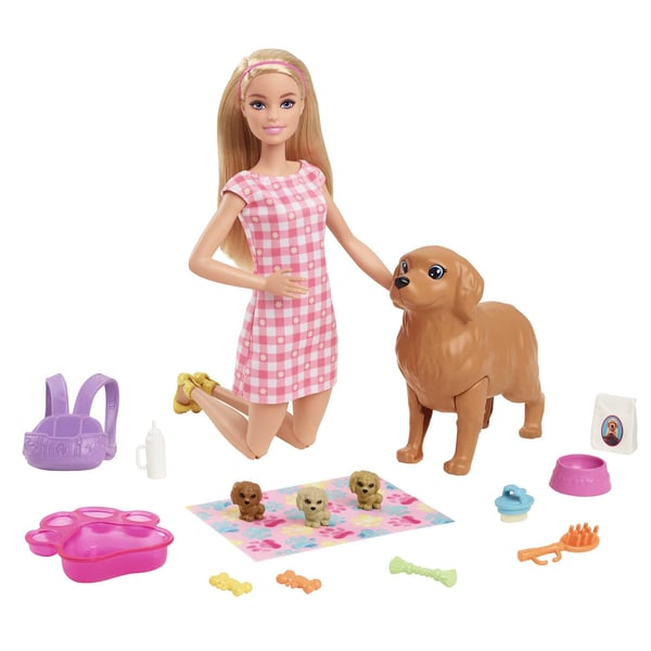 Barbie Legesæt med -dukke og nyfødte hundehvalpe med hund, 3 hundehvalpe og tilbehør, 3-7-årig