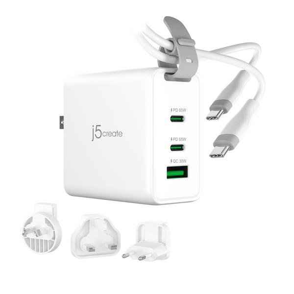 j5create 65W GaN USB-C 3-porttinen matkalaturi, jossa on vaihdettavat verkkopistokkeet ja USB-C-kaapeli
