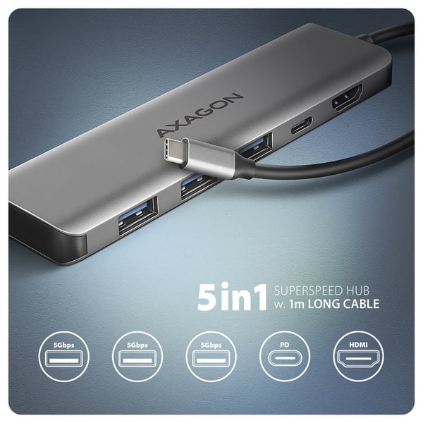 Axagon HMC-5H USB-C 3.2 Gen 1 hub 3x USB-A 4K HDMI PD 100W - Silber Langallinen USB 3.2 Gen 1 (3.1 Gen 1) Type-C Hopea
