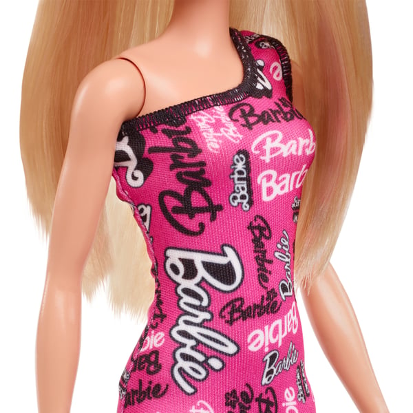 Barbie Fashionistas Barbie-nukke, jolla on suorat vaaleat hiukset ja riisuttava pinkki mekko, jossa logoprintti, ja kengät