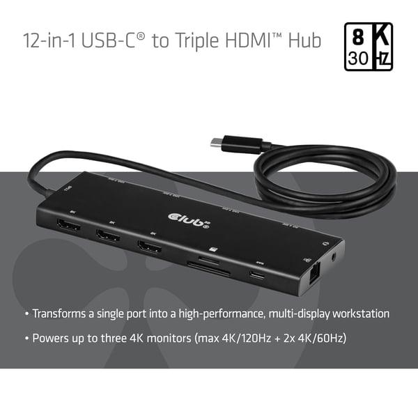 CLUB3D 12-in-1 USB-C® – kolmois-HDMI™-jakaja, DP 2.1, PD 3.0, 100 W, 1 m