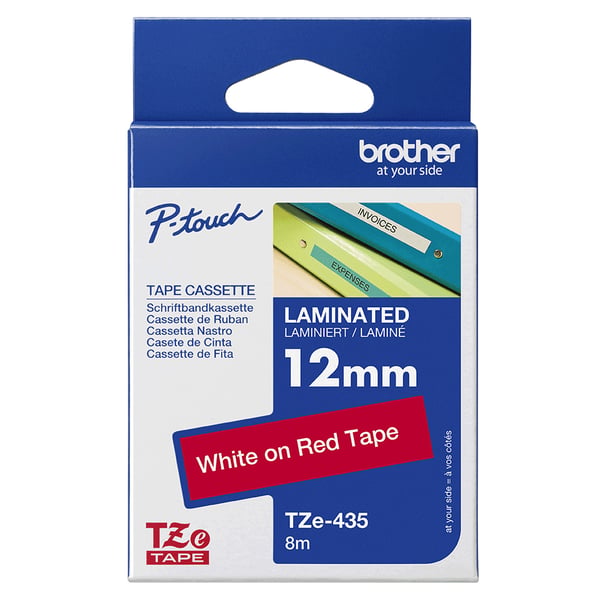 Brother TZe-435 - Hvid på rød - Rulle (1,2 cm x 8 m) 1 kassette(r) lamineret tape