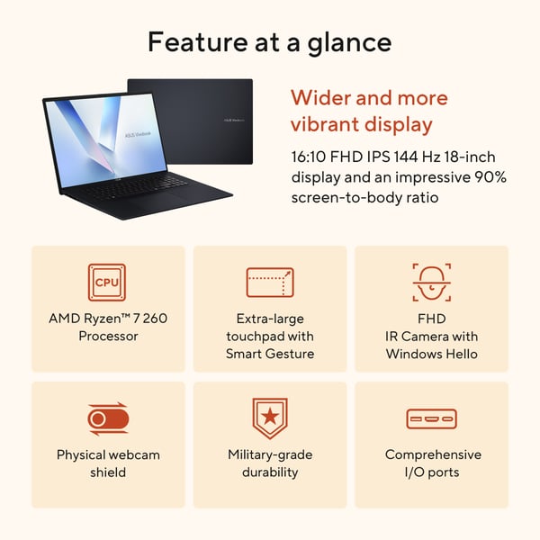 ASUS Vivobook 18 M1807HA-S16512W Copilot+ PC AMD Ryzen™ 7 260 Laptop 46,7 cm (18.4") WUXGA 16 GB DDR5-SDRAM 512 GB SSD Wi-Fi 6 (802.11ax) Windows 11 Home Blå QWERTY Hollandsk