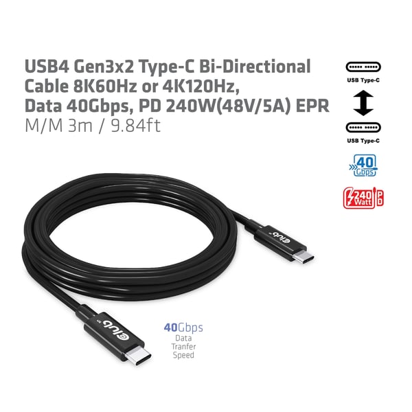 CLUB3D CAC-1579 USB-kabel USB4 Gen 3x2 3 m USB C 40 Gbit/sek. 240 W Sort