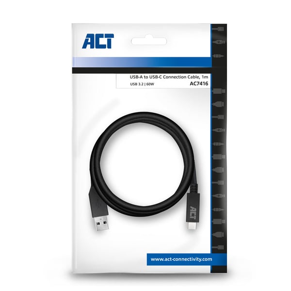 ACT AC7416 USB-kablar USB 3.2 Gen 1 (3.1 Gen 1) 1 m USB C USB A 5 Gbit/s 65 W Svart