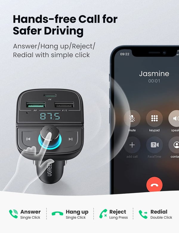 Ugreen [AI generated title] Biloplader / FM-Sender Med Bluetooth 5.0 3 Usb Porte Musta
