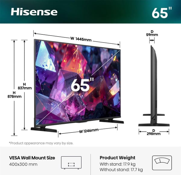 Hisense 65E7S PRO 165,1 cm (65") 4K Ultra HD Smart TV Wi-Fi Sort
