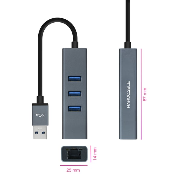 Nanocable 10.03.0407 kannettavien tietokoneiden telakka ja porttitoistin Langallinen USB 3.2 Gen 1 (3.1 Gen 1) Type-A Harmaa