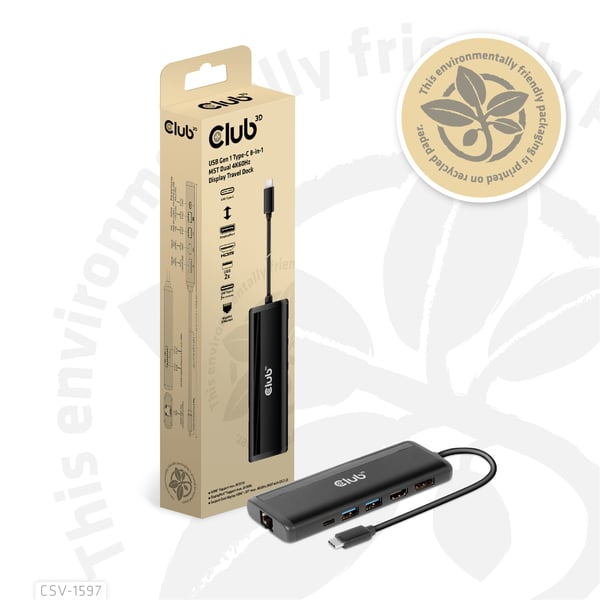 CLUB3D CSV-1597 kannettavien tietokoneiden telakka ja porttitoistin Telakointi USB 3.2 Gen 1 (3.1 Gen 1) Type-C Musta