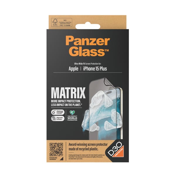 PanzerGlass ® ECO MATRIX Screen Protector with D3O® iPhone 15 Plus | Ultra-Wide Fit w. AlignerKit Genomskinligt skärmskydd Apple 1 styck