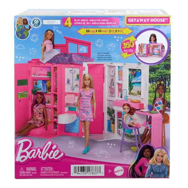 Barbie Getaway House, dockhus med fyra lekområden och elva inredningstillbehör