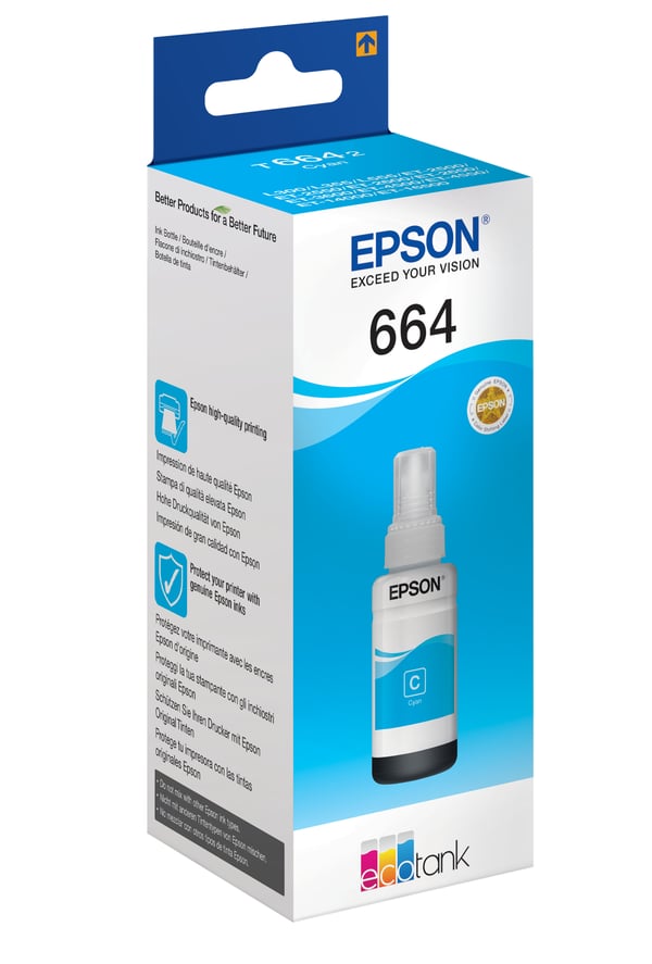 Epson 664 EcoTank -mustepullo, syaani