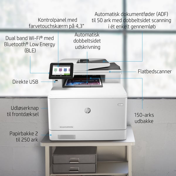 HP Color LaserJet Pro MFP M479fdw, Farve, Printer til Udskriv, kopiér, scan, fax, og send e-mail, Scan til e-mail/PDF; Tosidet udskrivning; 50-arks ukrøllet ADF