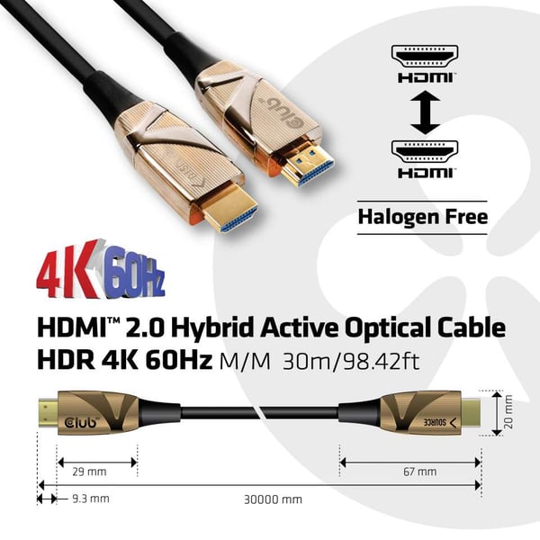 CLUB3D HDMI 2.0 UHD Active Optical Cable HDR 4K 60Hz M/M 30m/98.42ft