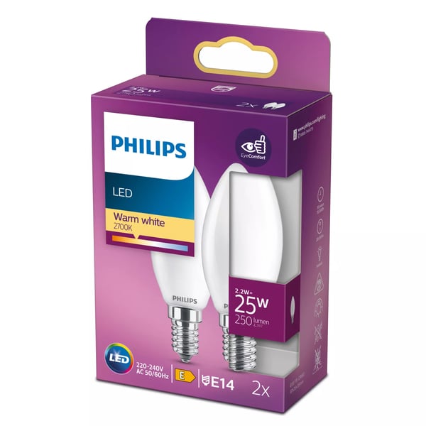 Philips Filament kertepære, matteret 25 W B35 E14 x2